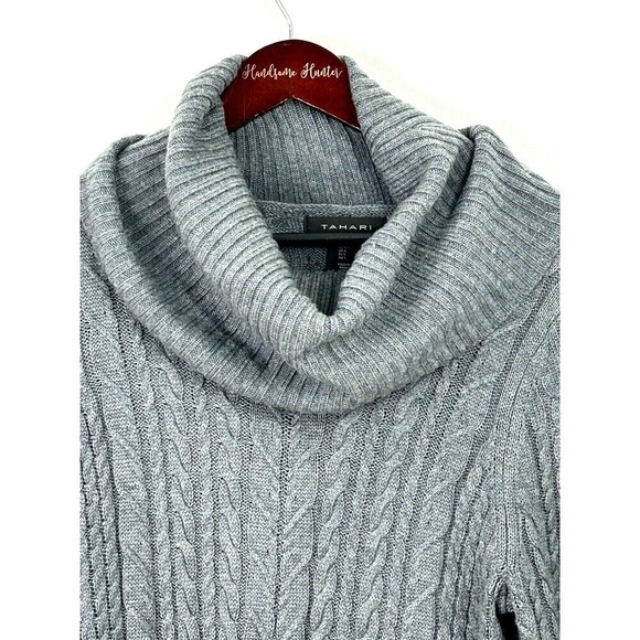 Tahari Women Size L Sweater Dress Storm Gray Cable Knit Cowl Neck Midi Sheath T3 - Picture 6 of 12